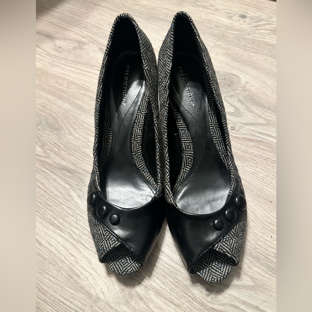 Predictions Black and Gray Tweed Peep Toe Heels